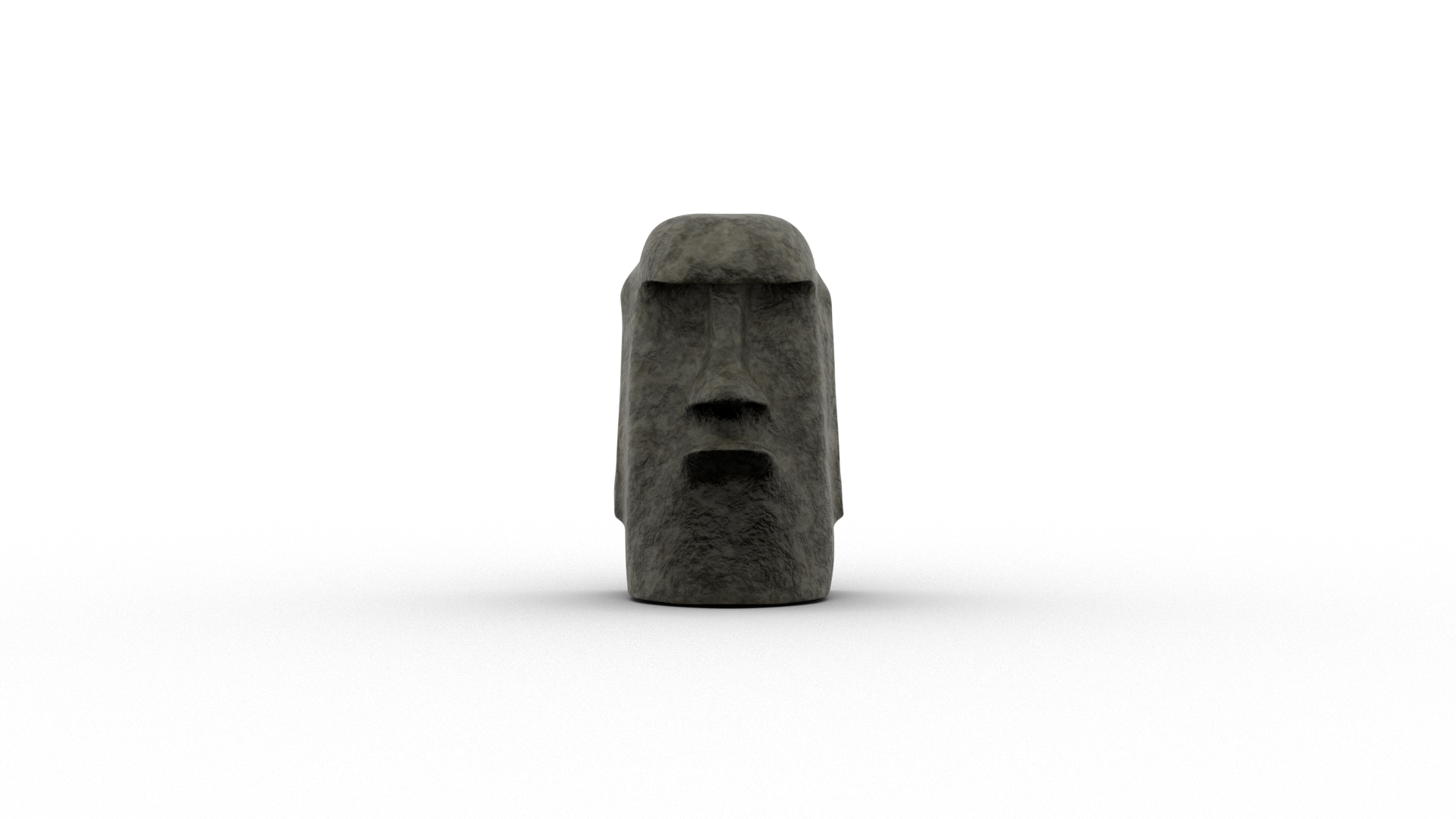 A front-facing, stone-textured Moai statue rendered in Blender