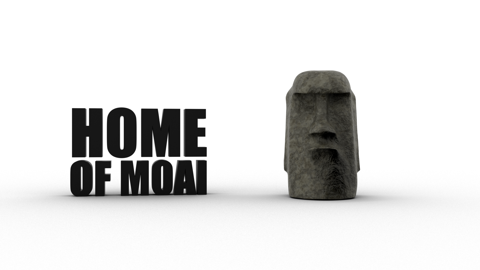 Moai statue beside bold HOME OF MOAI lettering