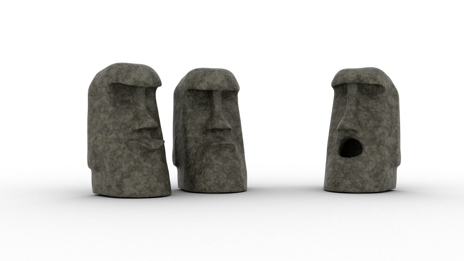 Three stone Moai statues shown from different angles